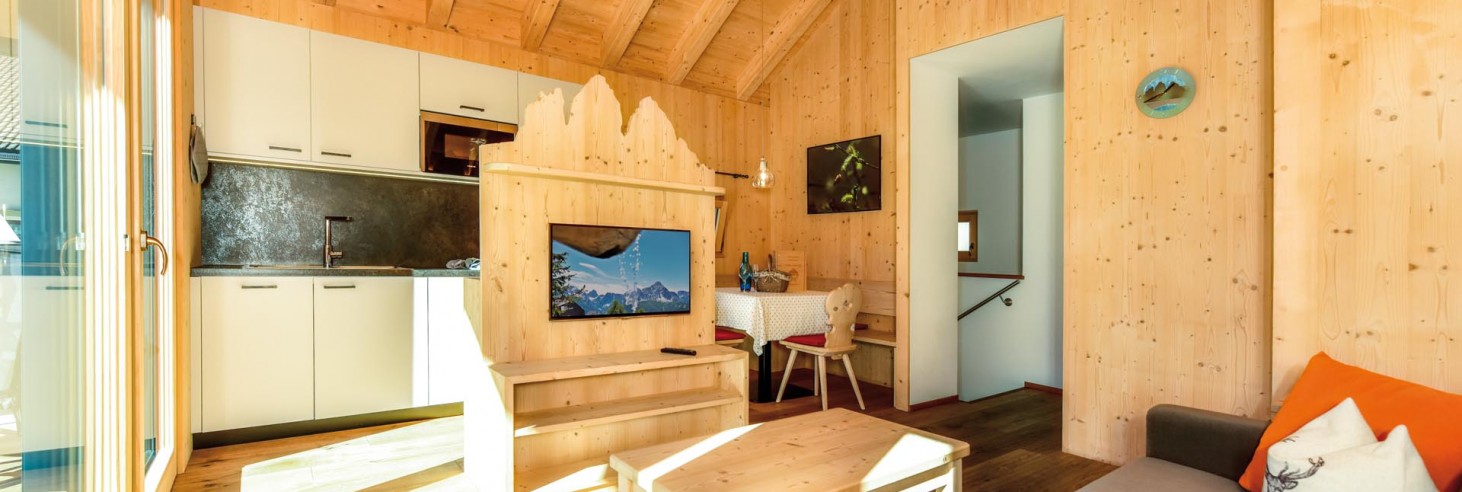 Die Wohnküche vom Chalet Timo mit Küchenzeile und Sofa.